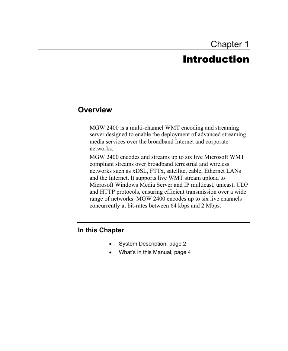 Introduction, Overview, Chapter 1 | Optibase MGW 2400 WMT User Manual | Page 11 / 156