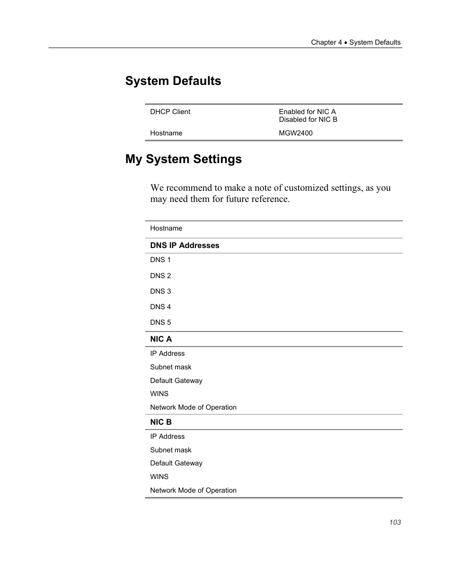 System defaults, My system settings | Optibase MGW 2400 WMT User Manual | Page 113 / 156