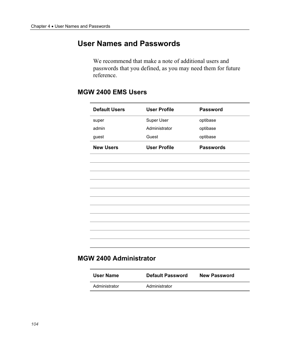 User names and passwords, Mgw 2400 ems users, Mgw 2400 administrator | Optibase MGW 2400 WMT User Manual | Page 114 / 156