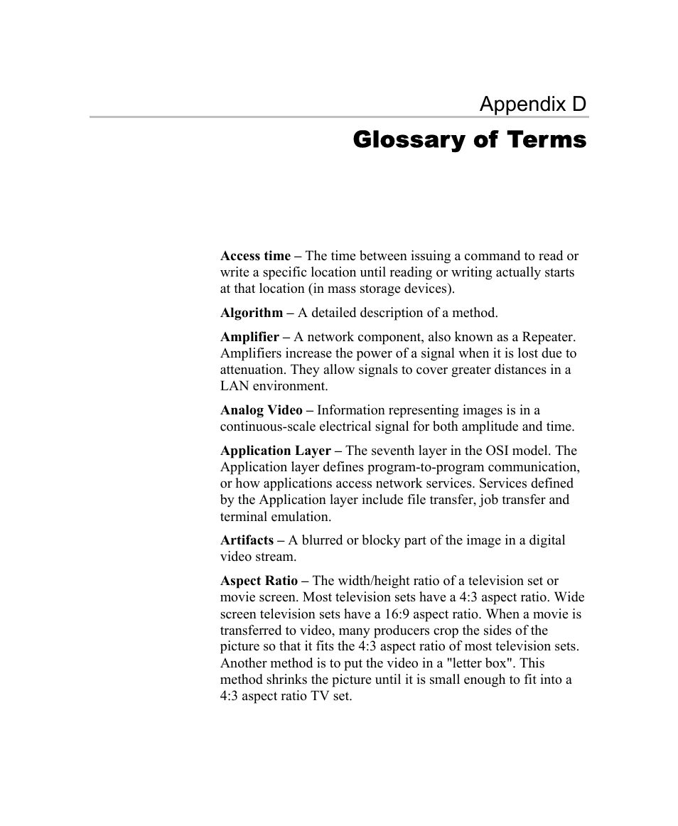 Glossary of terms, Appendix d | Optibase MGW 2400 WMT User Manual | Page 135 / 156