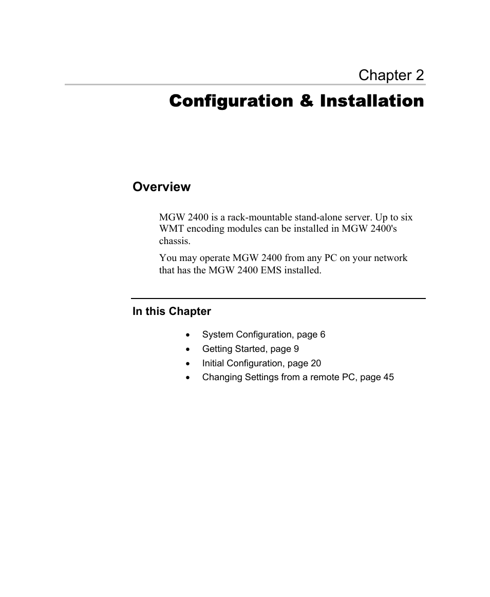 Configuration & installation, Overview, Chapter 2 | Optibase MGW 2400 WMT User Manual | Page 15 / 156