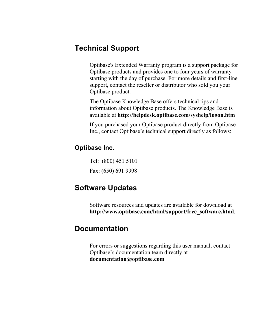 Technical support, Documentation, Software updates | Optibase MGW 2400 WMT User Manual | Page 155 / 156