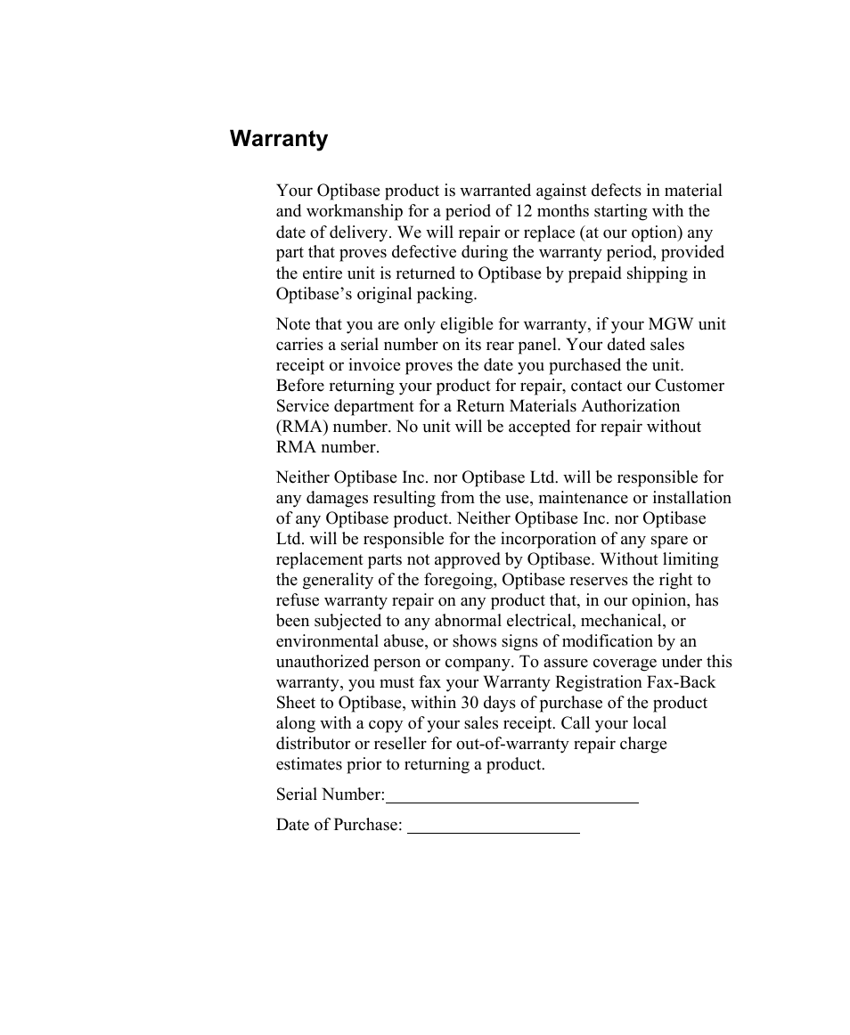 Warranty | Optibase MGW 2400 WMT User Manual | Page 156 / 156