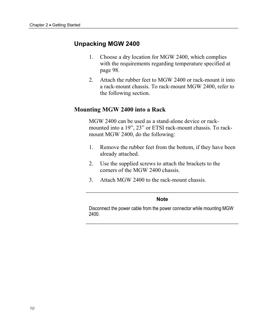 Unpacking mgw 2400, Mounting mgw 2400 into a rack | Optibase MGW 2400 WMT User Manual | Page 20 / 156