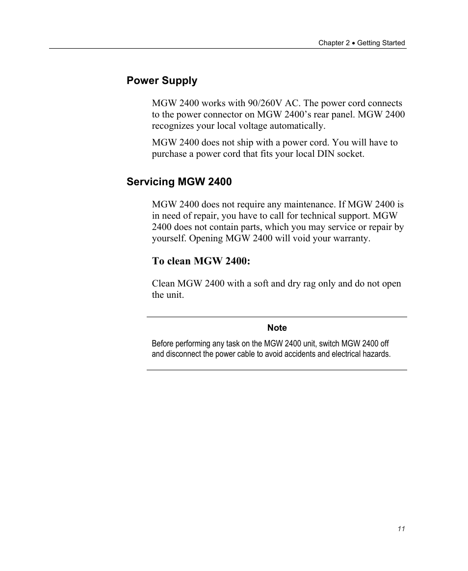 Power supply, Servicing mgw 2400 | Optibase MGW 2400 WMT User Manual | Page 21 / 156