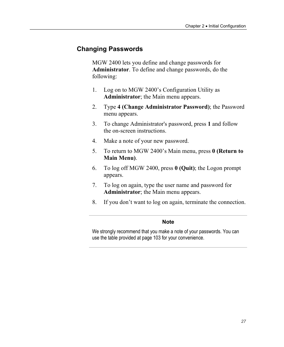 Changing passwords | Optibase MGW 2400 WMT User Manual | Page 37 / 156