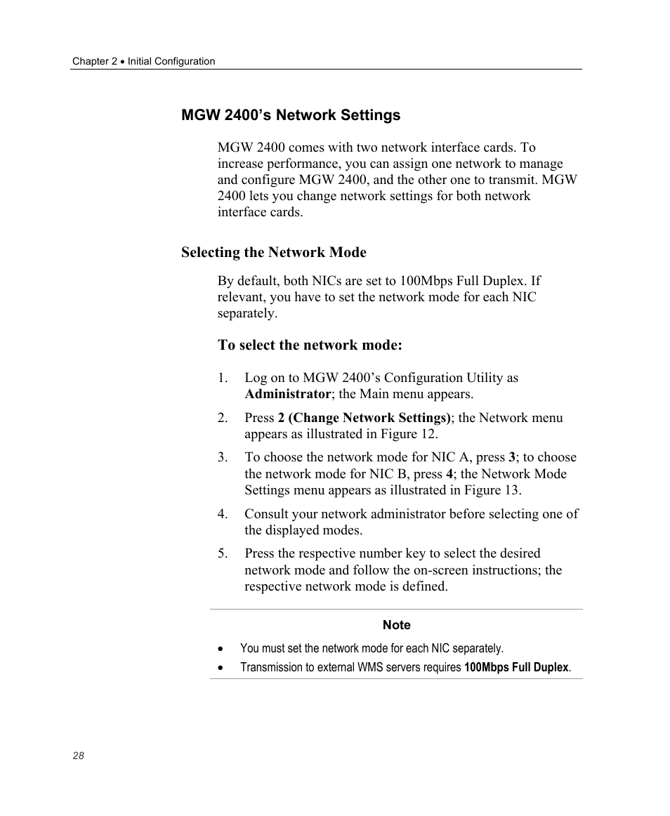 Mgw 2400’s network settings, Selecting the network mode | Optibase MGW 2400 WMT User Manual | Page 38 / 156