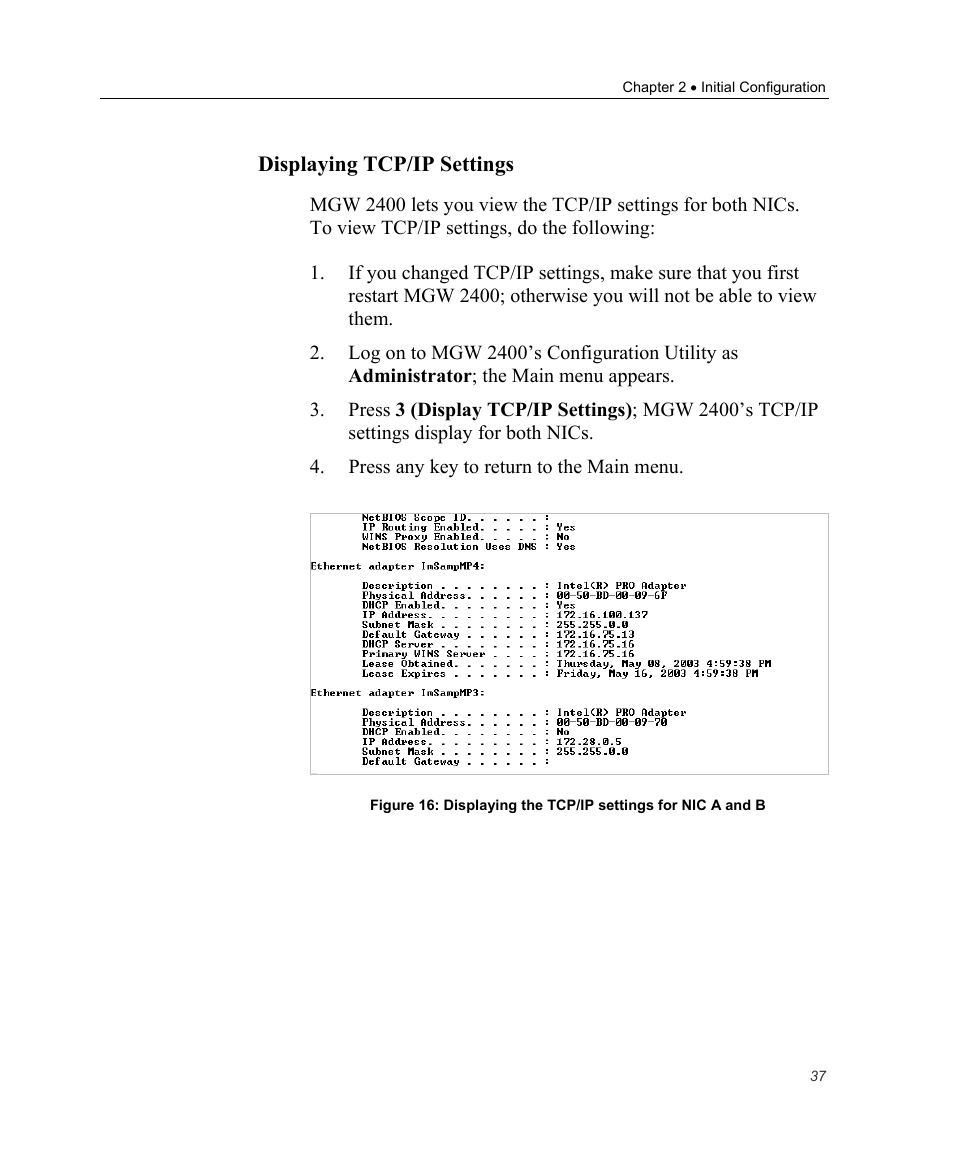 Displaying tcp/ip settings | Optibase MGW 2400 WMT User Manual | Page 47 / 156