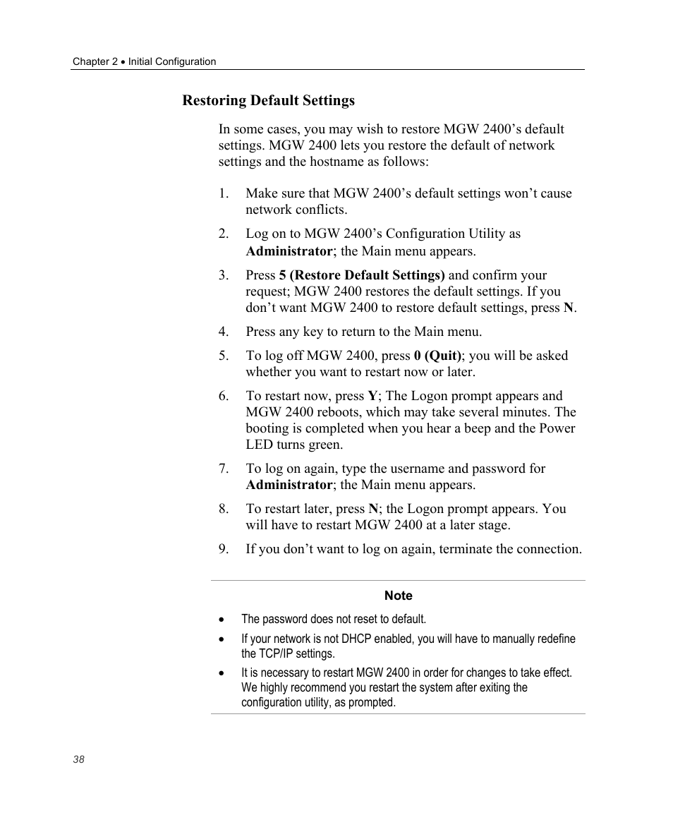 Restoring default settings | Optibase MGW 2400 WMT User Manual | Page 48 / 156