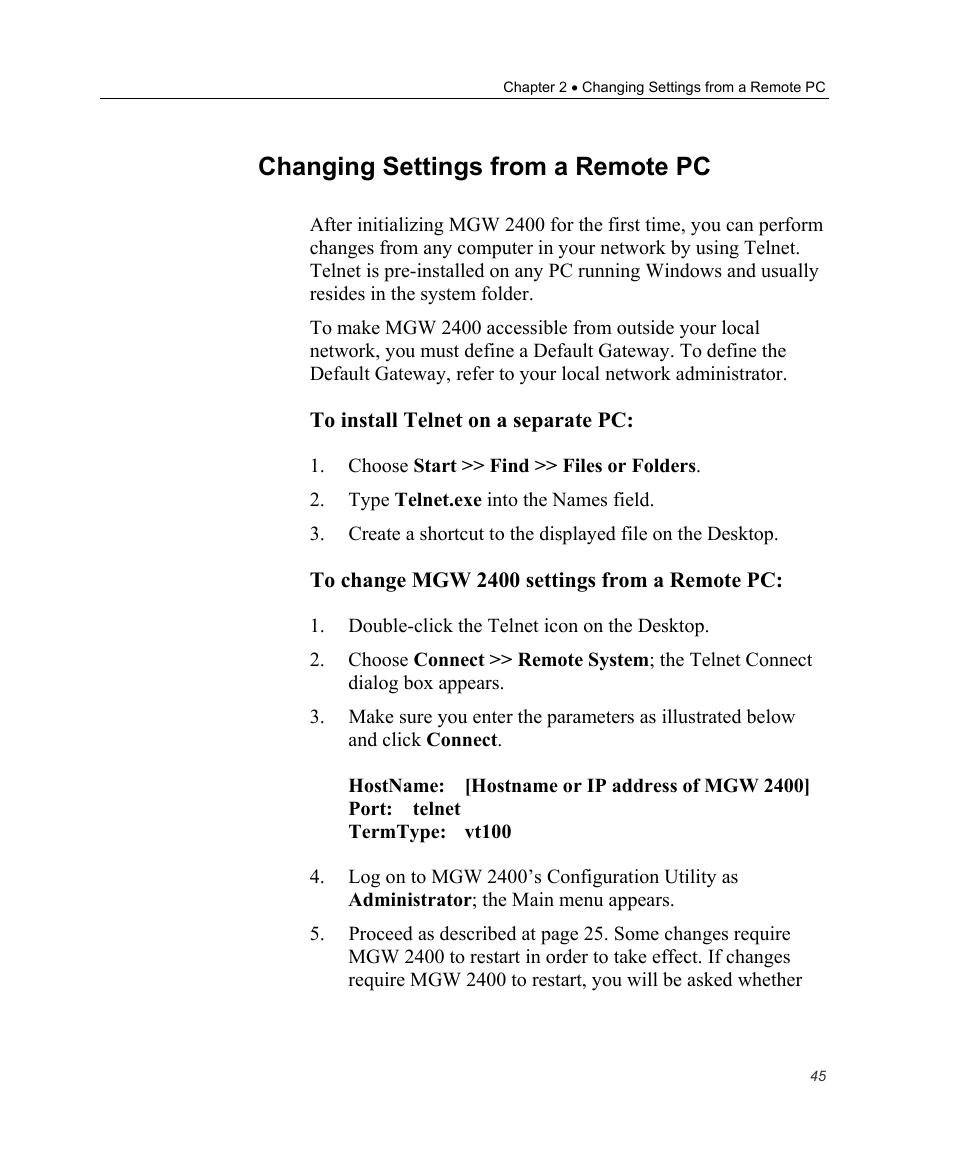 Changing settings from a remote pc, Ge 45 | Optibase MGW 2400 WMT User Manual | Page 55 / 156