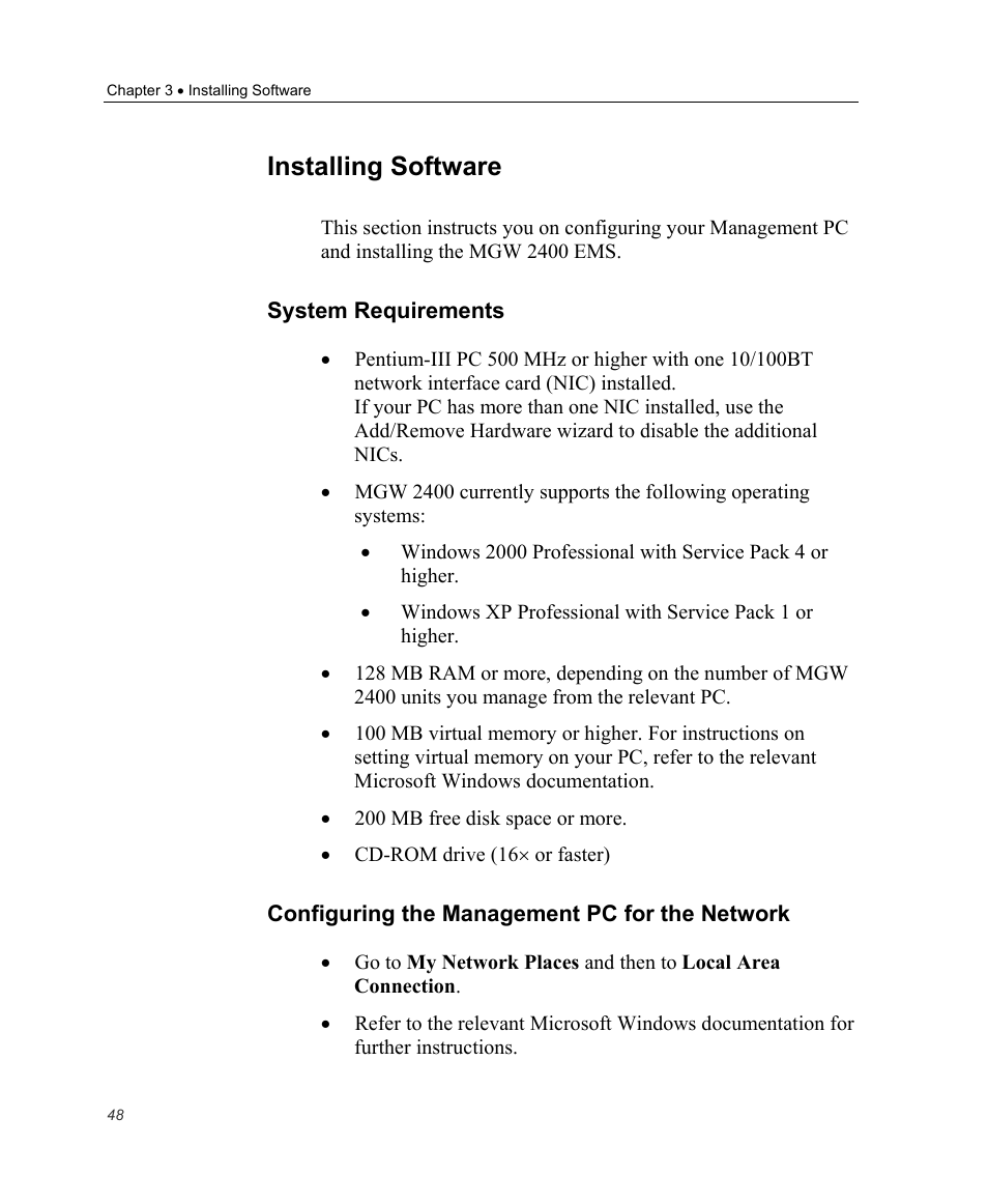 Installing software, System requirements, Configuring the management pc for the network | Optibase MGW 2400 WMT User Manual | Page 58 / 156