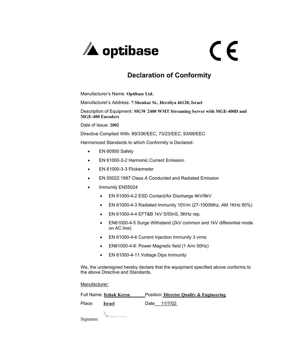 Declaration of conformity | Optibase MGW 2400 WMT User Manual | Page 6 / 156