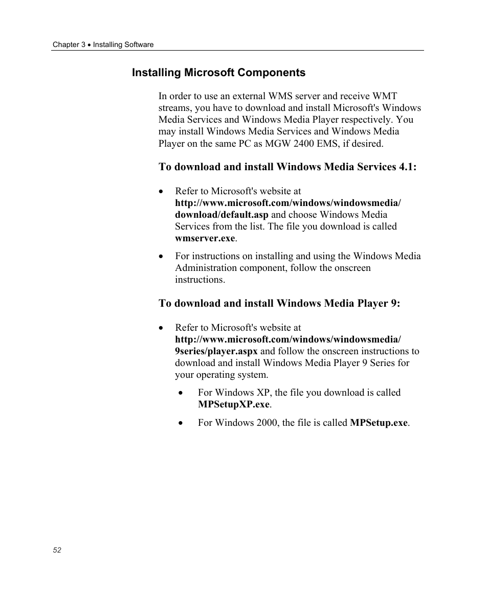 Installing microsoft components | Optibase MGW 2400 WMT User Manual | Page 62 / 156