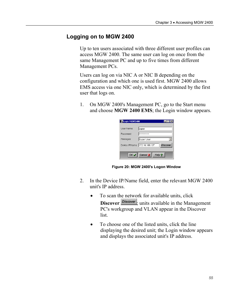 Logging on to mgw 2400 | Optibase MGW 2400 WMT User Manual | Page 65 / 156