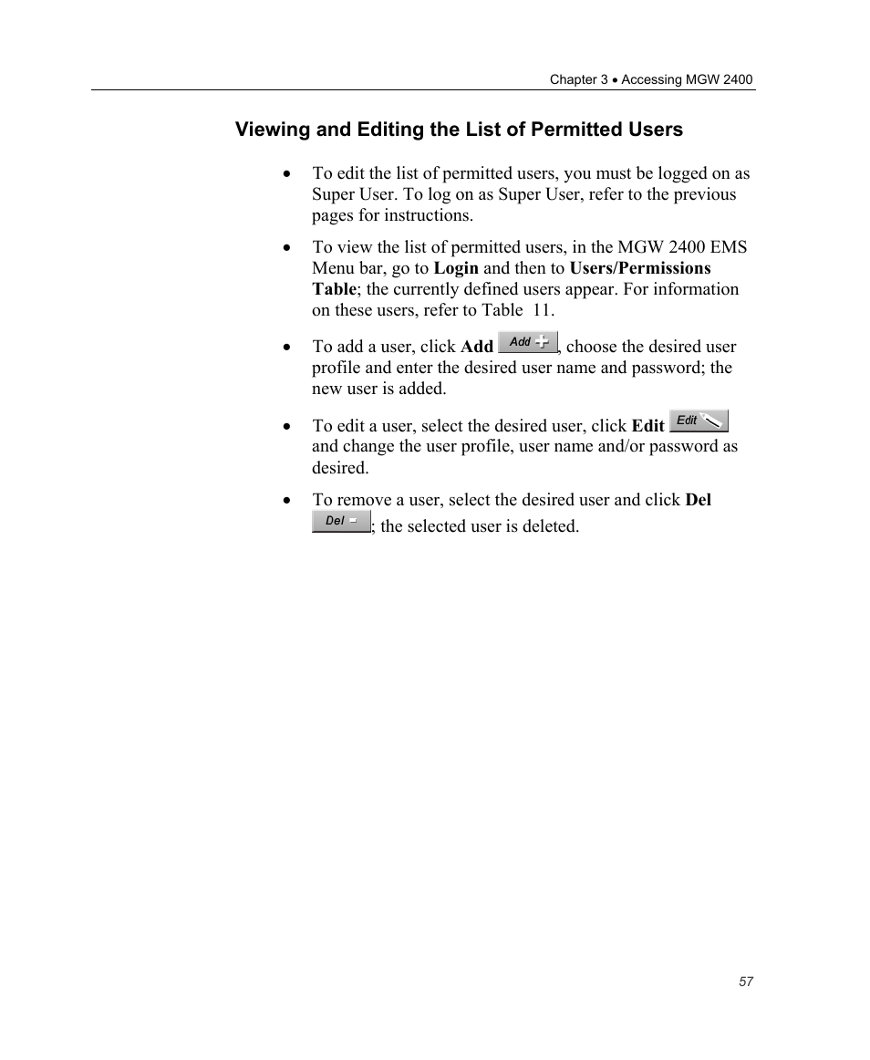 Viewing and editing the list of permitted users | Optibase MGW 2400 WMT User Manual | Page 67 / 156