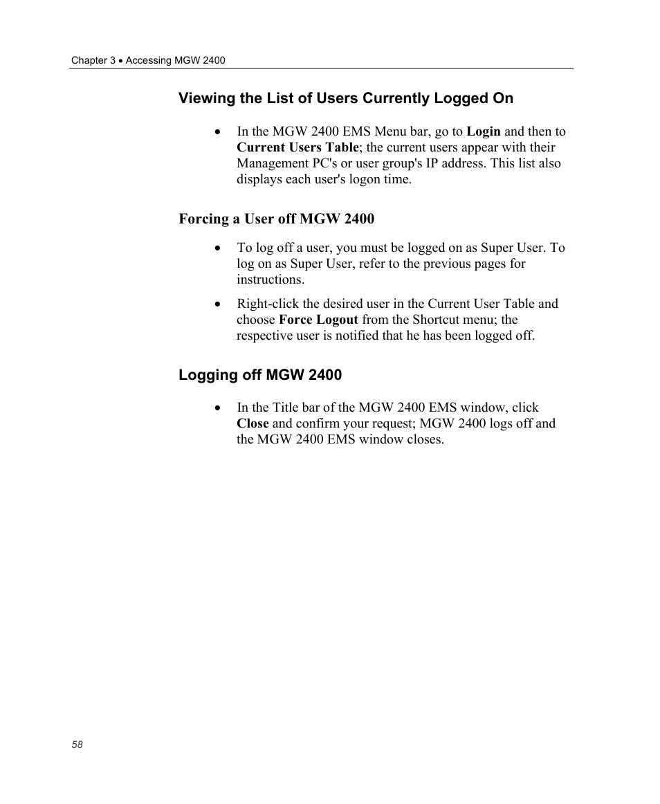 Viewing the list of users currently logged on, Forcing a user off mgw 2400, Logging off mgw 2400 | Optibase MGW 2400 WMT User Manual | Page 68 / 156