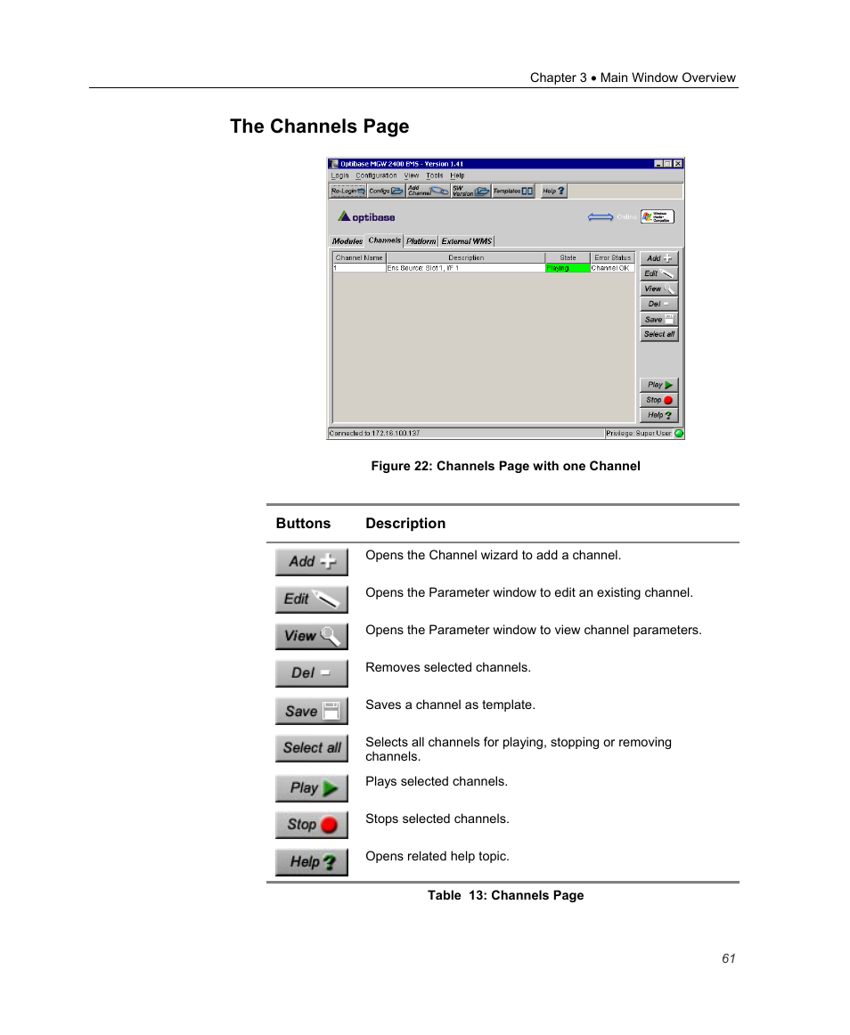 The channels page | Optibase MGW 2400 WMT User Manual | Page 71 / 156