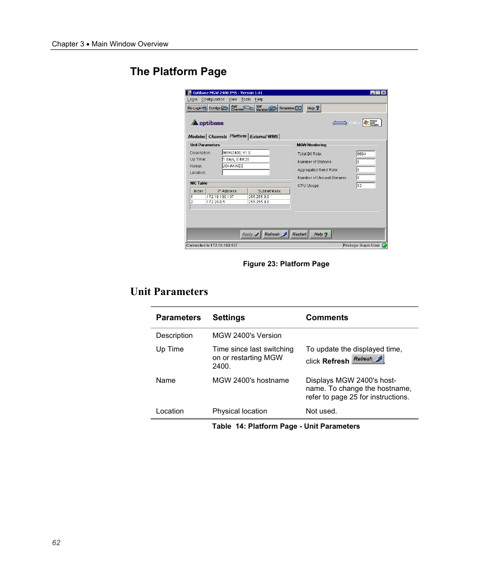 Unit parameters, The platform page | Optibase MGW 2400 WMT User Manual | Page 72 / 156