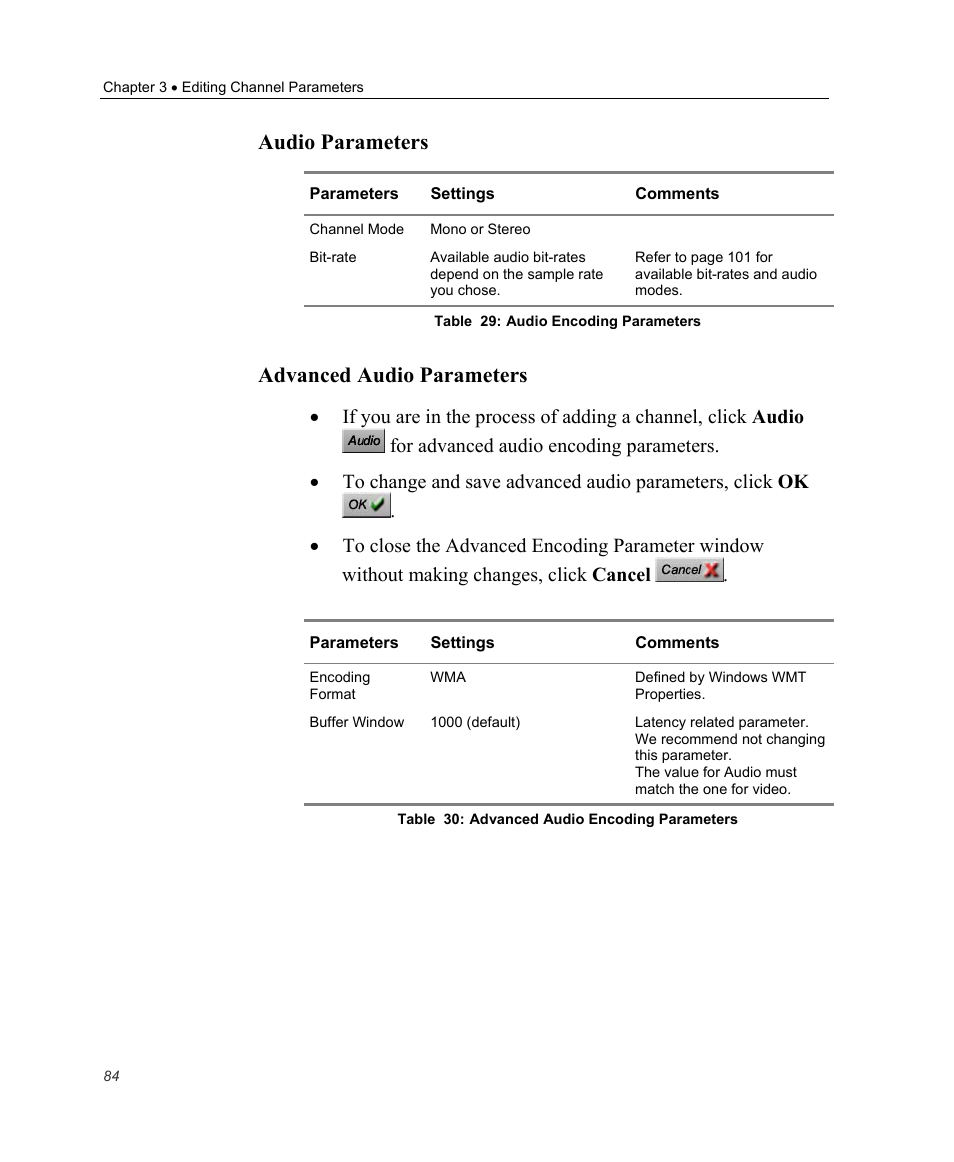 Audio parameters, Advanced audio parameters | Optibase MGW 2400 WMT User Manual | Page 94 / 156