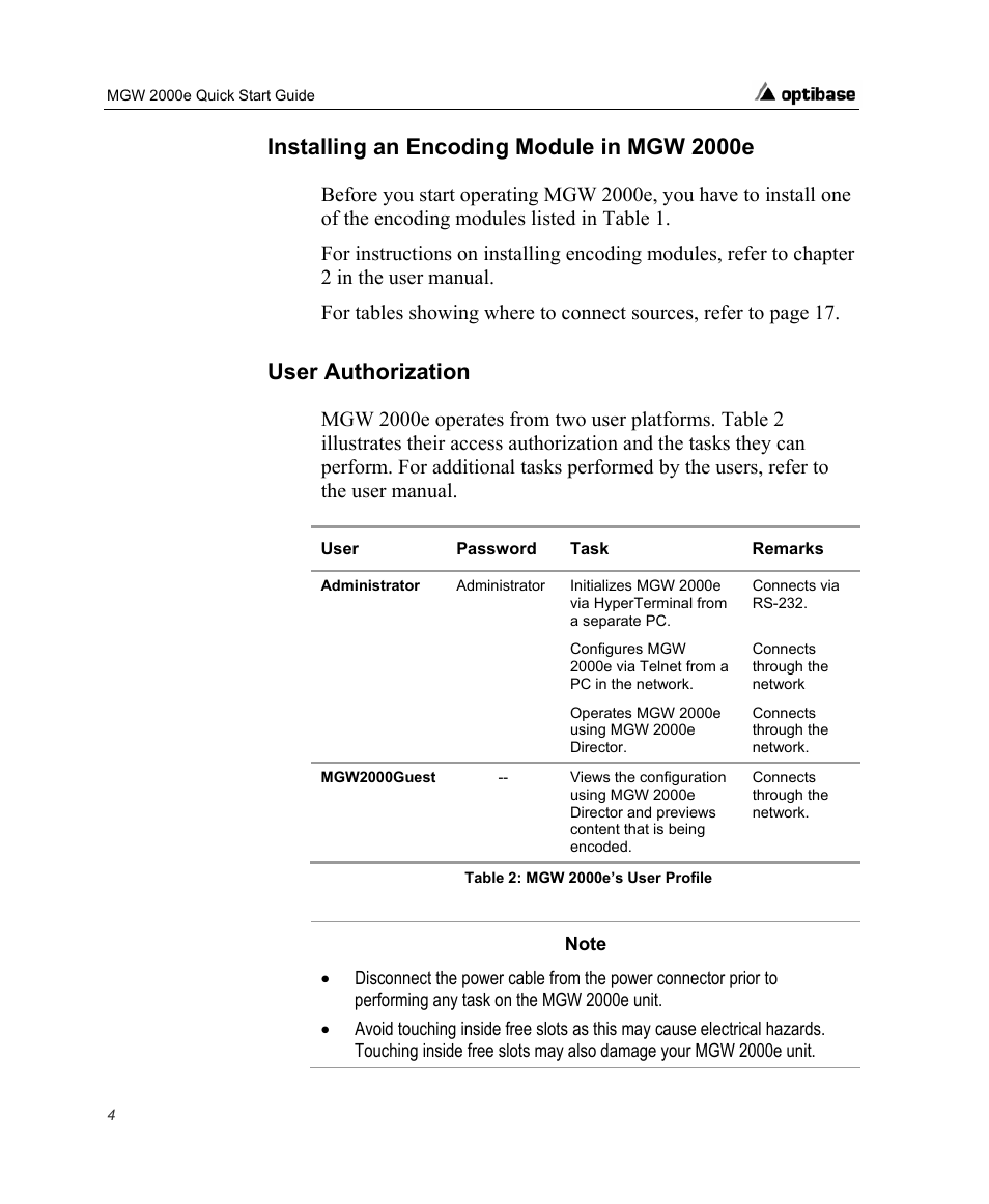 Installing an encoding module in mgw 2000e, User authorization | Optibase MGW 2000e User Manual | Page 10 / 28