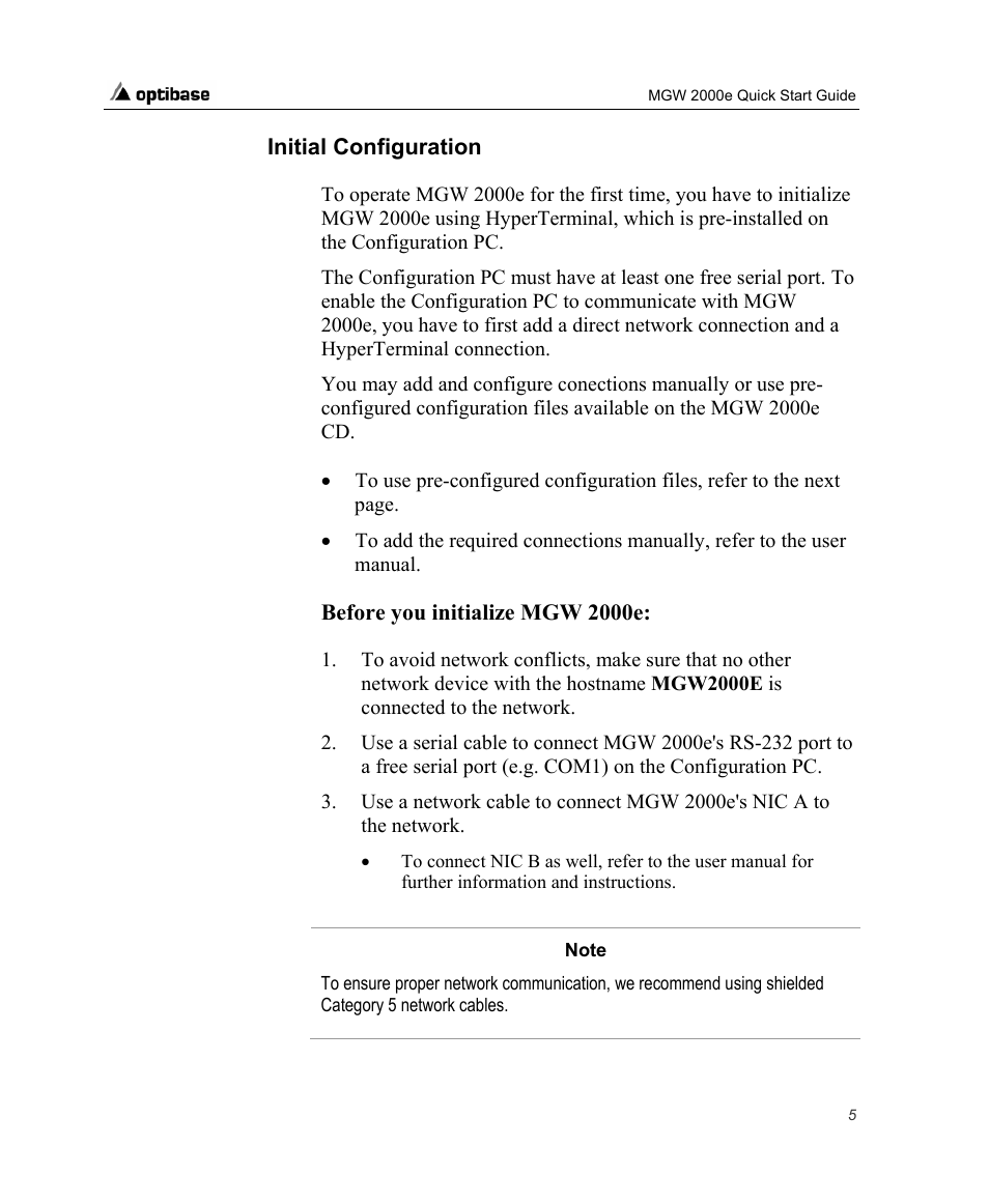 Initial configuration | Optibase MGW 2000e User Manual | Page 11 / 28