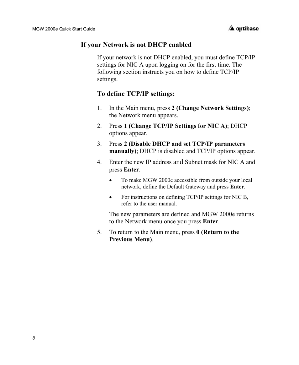 If your network is not dhcp enabled | Optibase MGW 2000e User Manual | Page 14 / 28