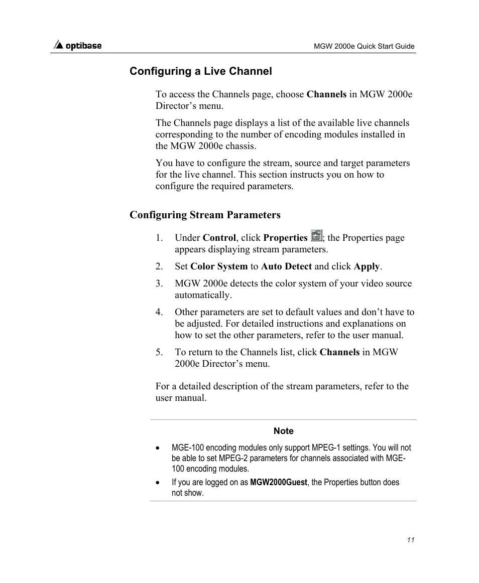 Configuring a live channel, Configuring stream parameters | Optibase MGW 2000e User Manual | Page 17 / 28