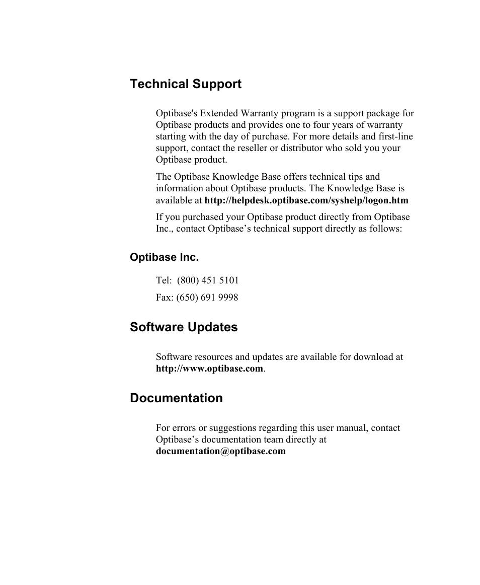 Technical support, Software updates, Documentation | Optibase MGW 2000e User Manual | Page 27 / 28