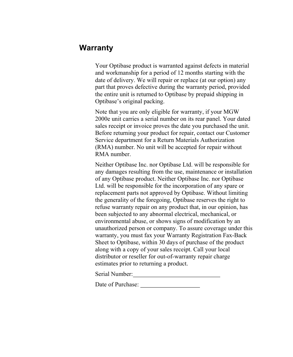 Warranty | Optibase MGW 2000e User Manual | Page 28 / 28