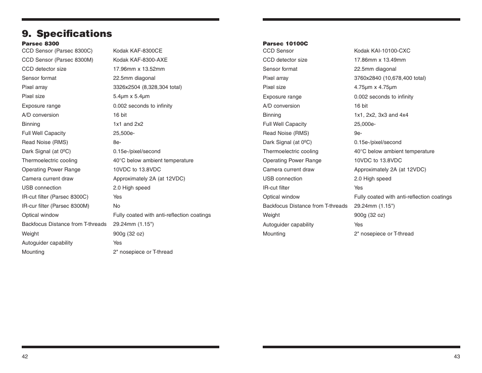 Specifications | Orion PARSEC 8300M User Manual | Page 22 / 23