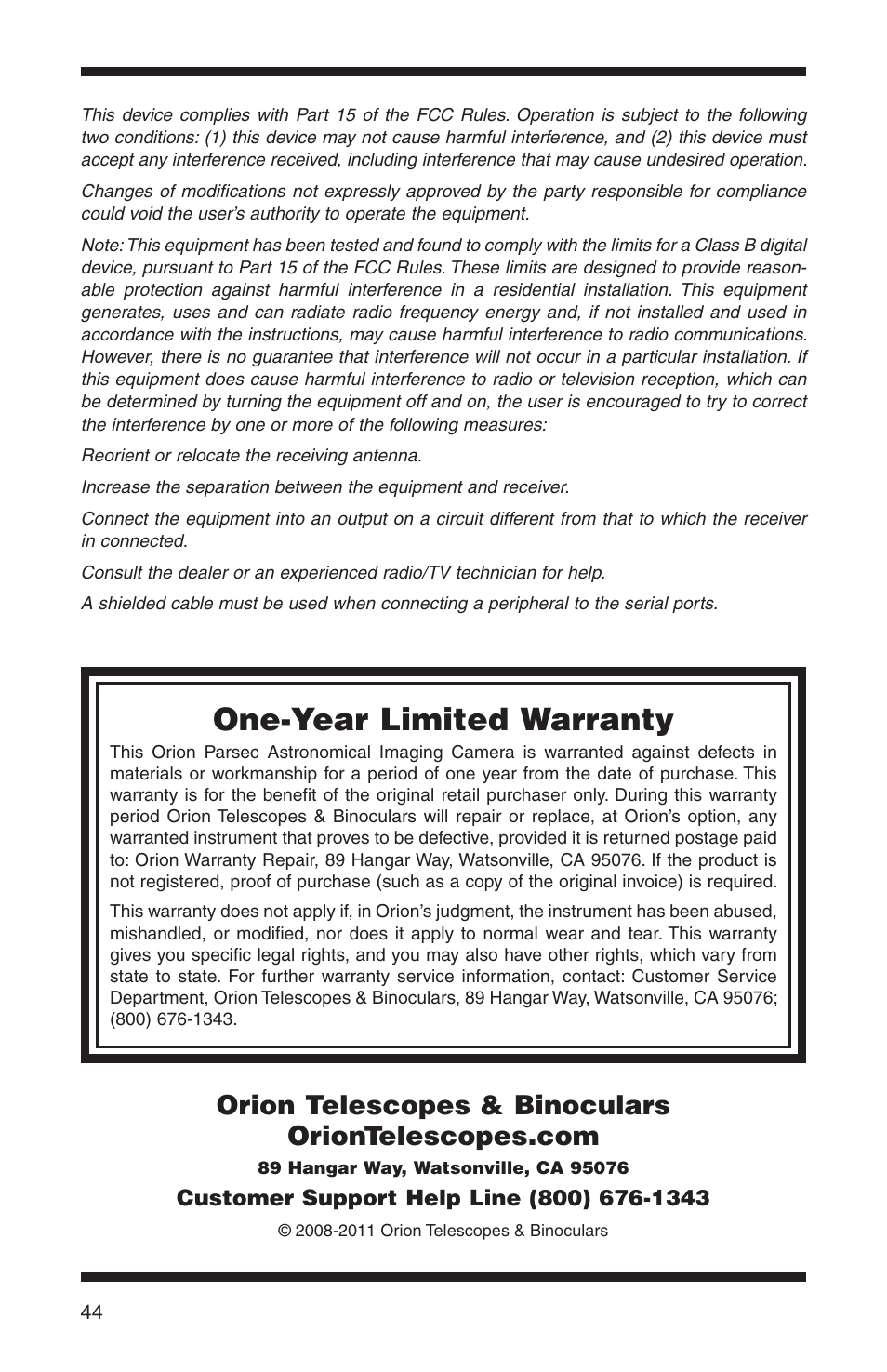 One-year limited warranty | Orion PARSEC 8300M User Manual | Page 23 / 23