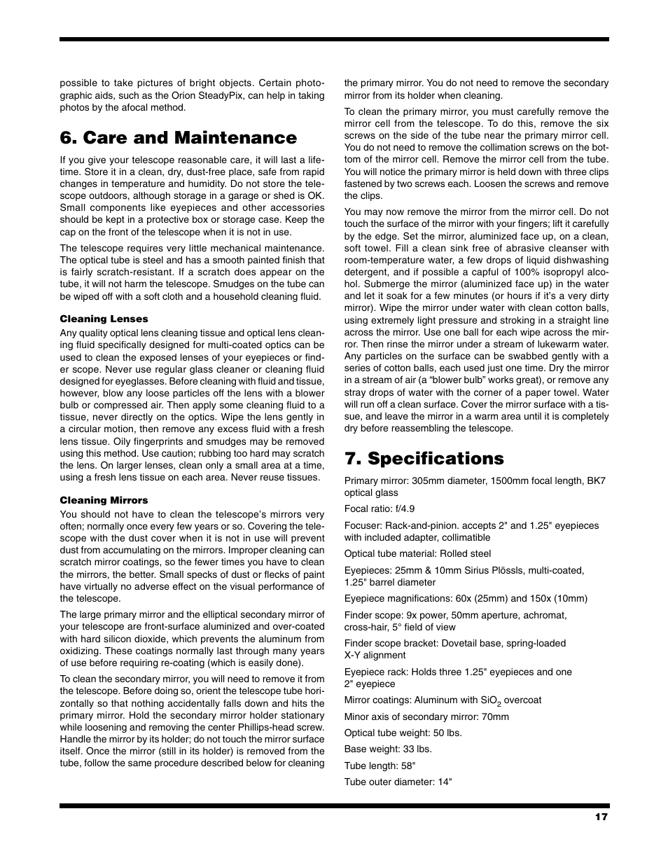 Care and maintenance, Specifications | Orion 9966 User Manual | Page 17 / 20