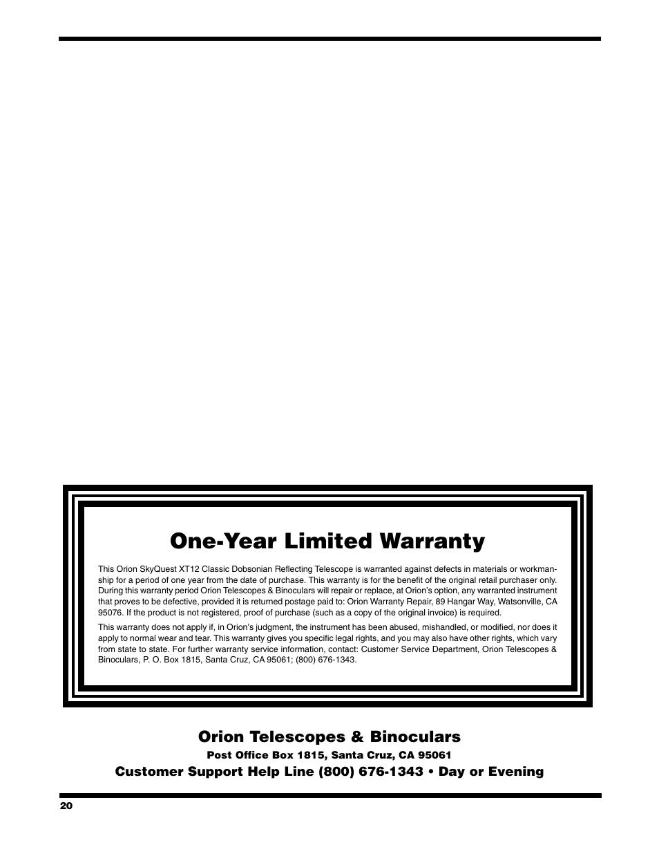 One-year limited warranty, Orion telescopes & binoculars | Orion 9966 User Manual | Page 20 / 20