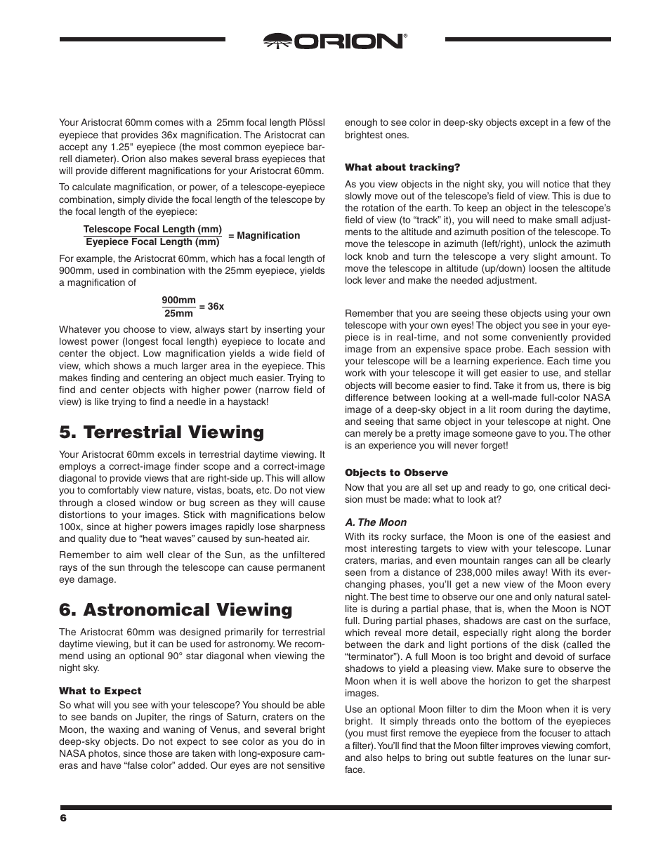 Terrestrial viewing, Astronomical viewing | Orion ARISTOCRAT 9800 User Manual | Page 6 / 8