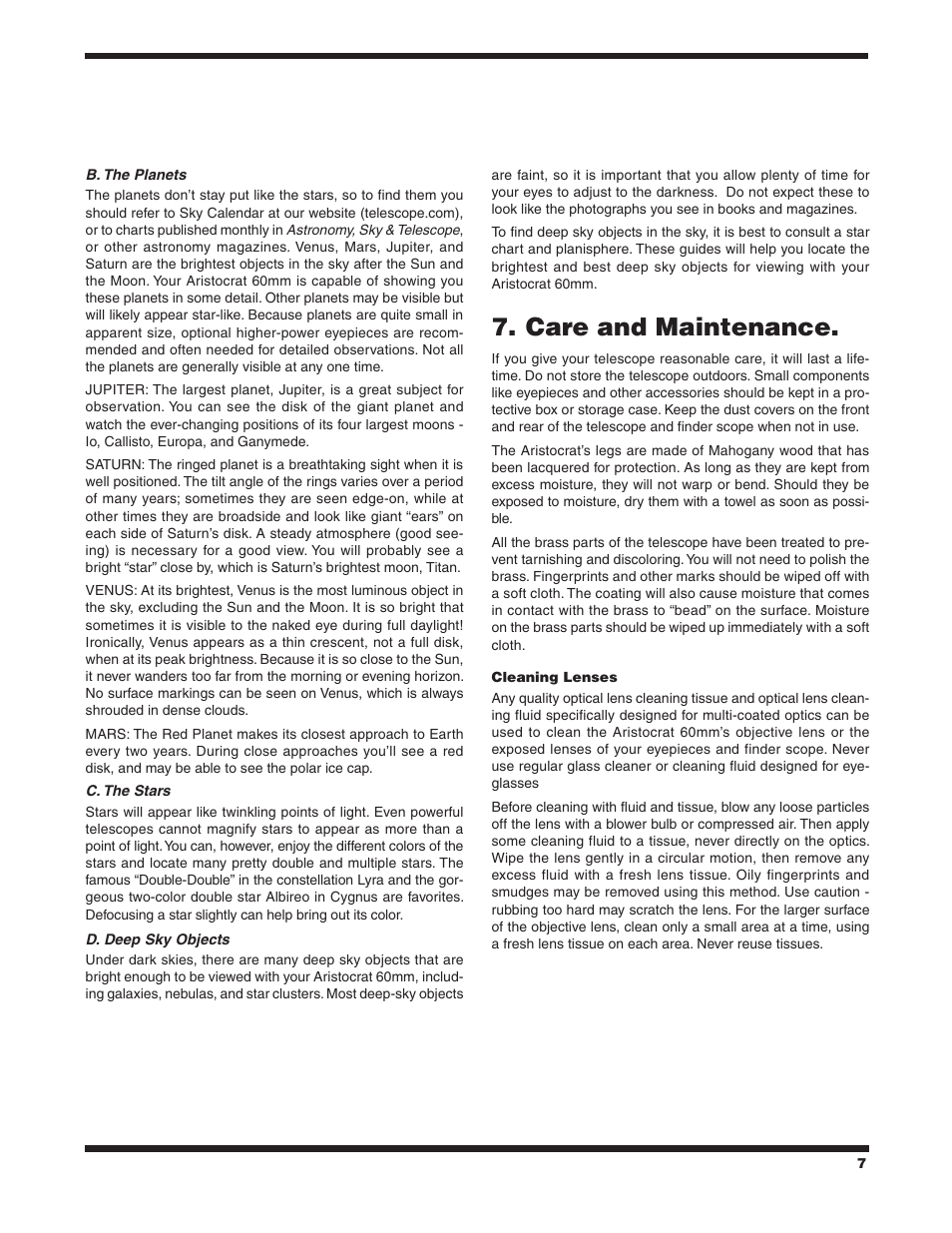 Care and maintenance | Orion ARISTOCRAT 9800 User Manual | Page 7 / 8