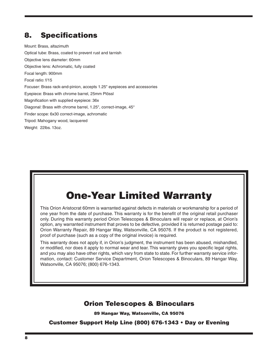 One-year limited warranty, Specifications | Orion ARISTOCRAT 9800 User Manual | Page 8 / 8