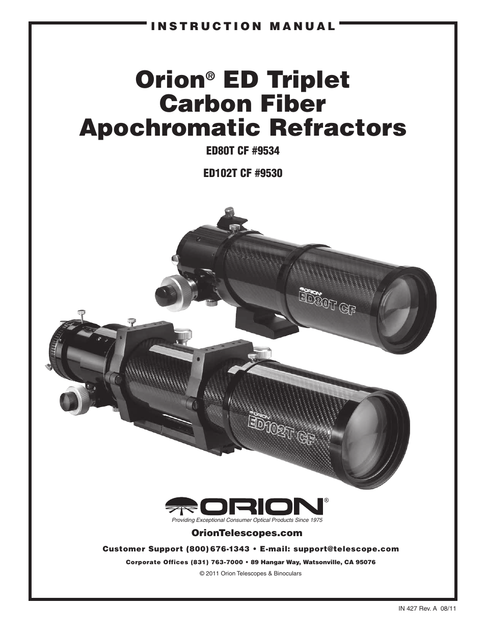 Orion ED TRIPLET CARBON FIBER APOCHROMATIC REFRACTORS ED80T CF #9534 User Manual | 8 pages