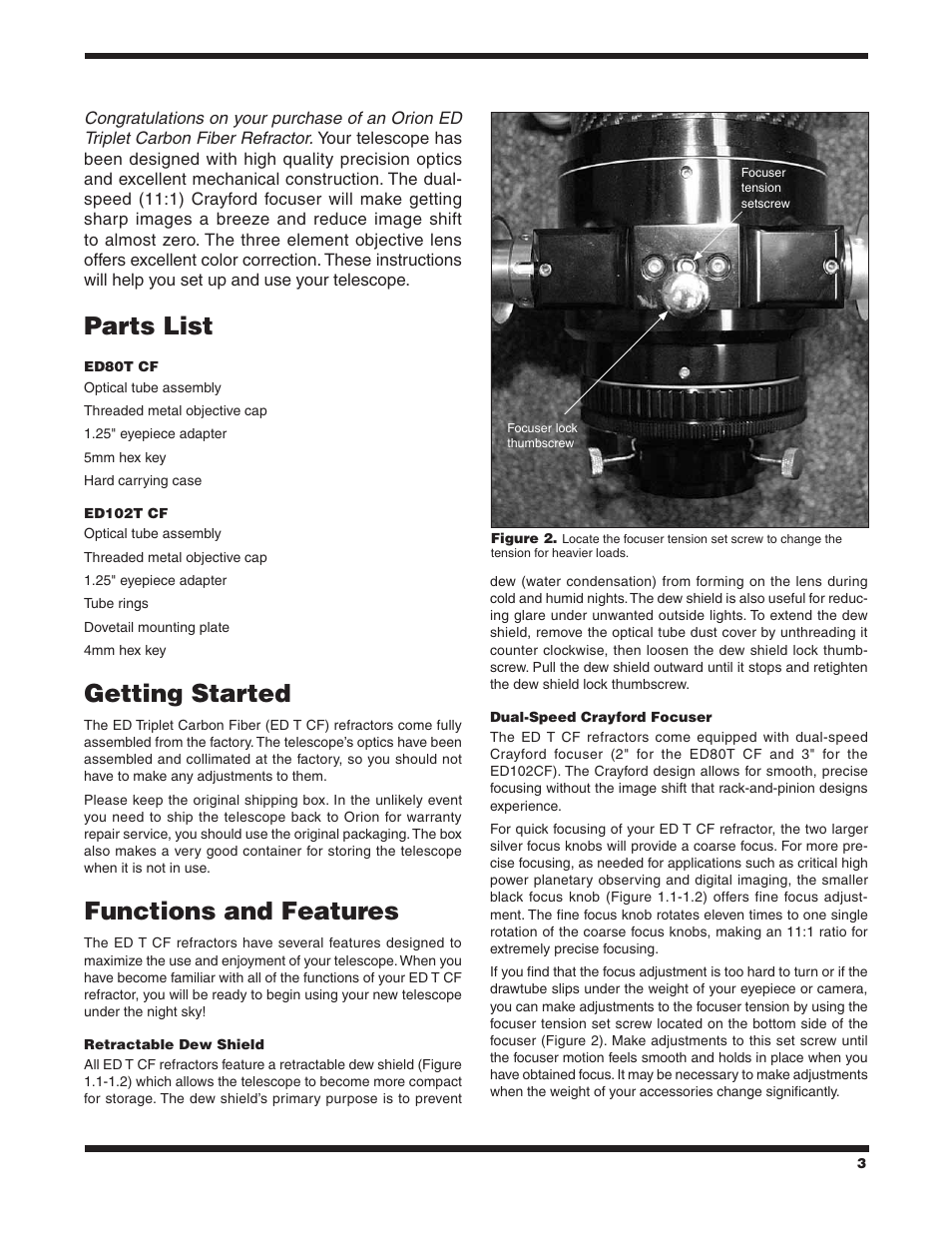 Parts list, Getting started, Functions and features | Orion ED TRIPLET CARBON FIBER APOCHROMATIC REFRACTORS ED80T CF #9534 User Manual | Page 3 / 8