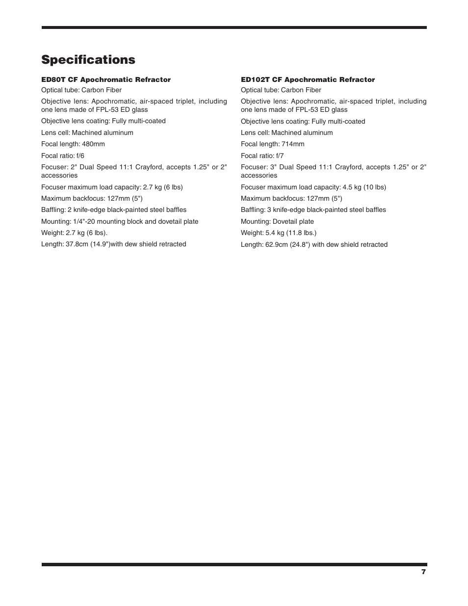 Specifications | Orion ED TRIPLET CARBON FIBER APOCHROMATIC REFRACTORS ED80T CF #9534 User Manual | Page 7 / 8