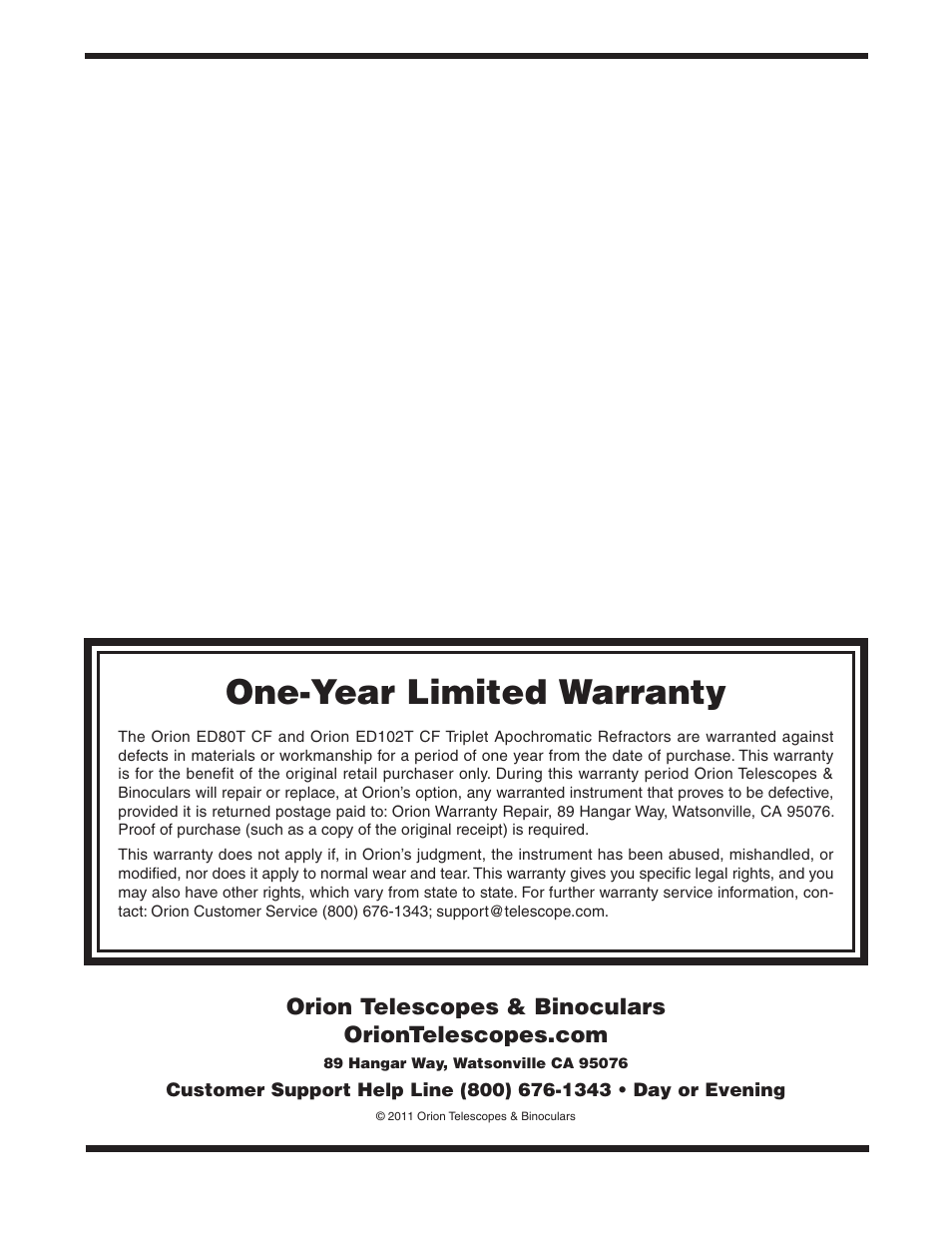 One-year limited warranty | Orion ED TRIPLET CARBON FIBER APOCHROMATIC REFRACTORS ED80T CF #9534 User Manual | Page 8 / 8