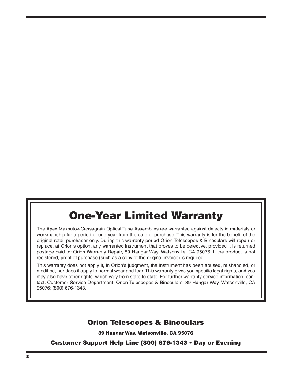 One-year limited warranty | Orion APEX #9825 User Manual | Page 8 / 8