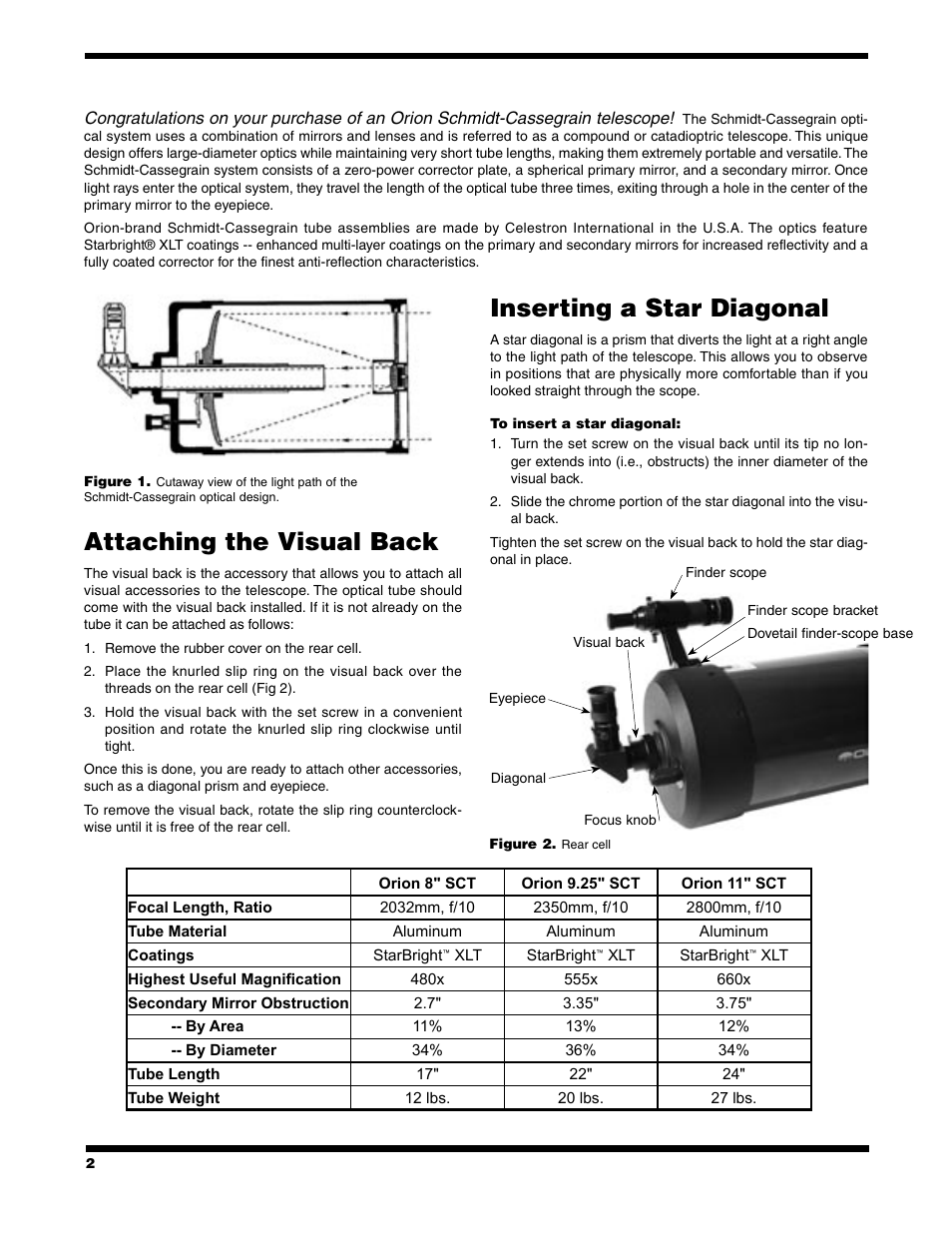Unpacking your scope, Attaching the visual back, Inserting a star diagonal | Orion Telescope User Manual | Page 2 / 8