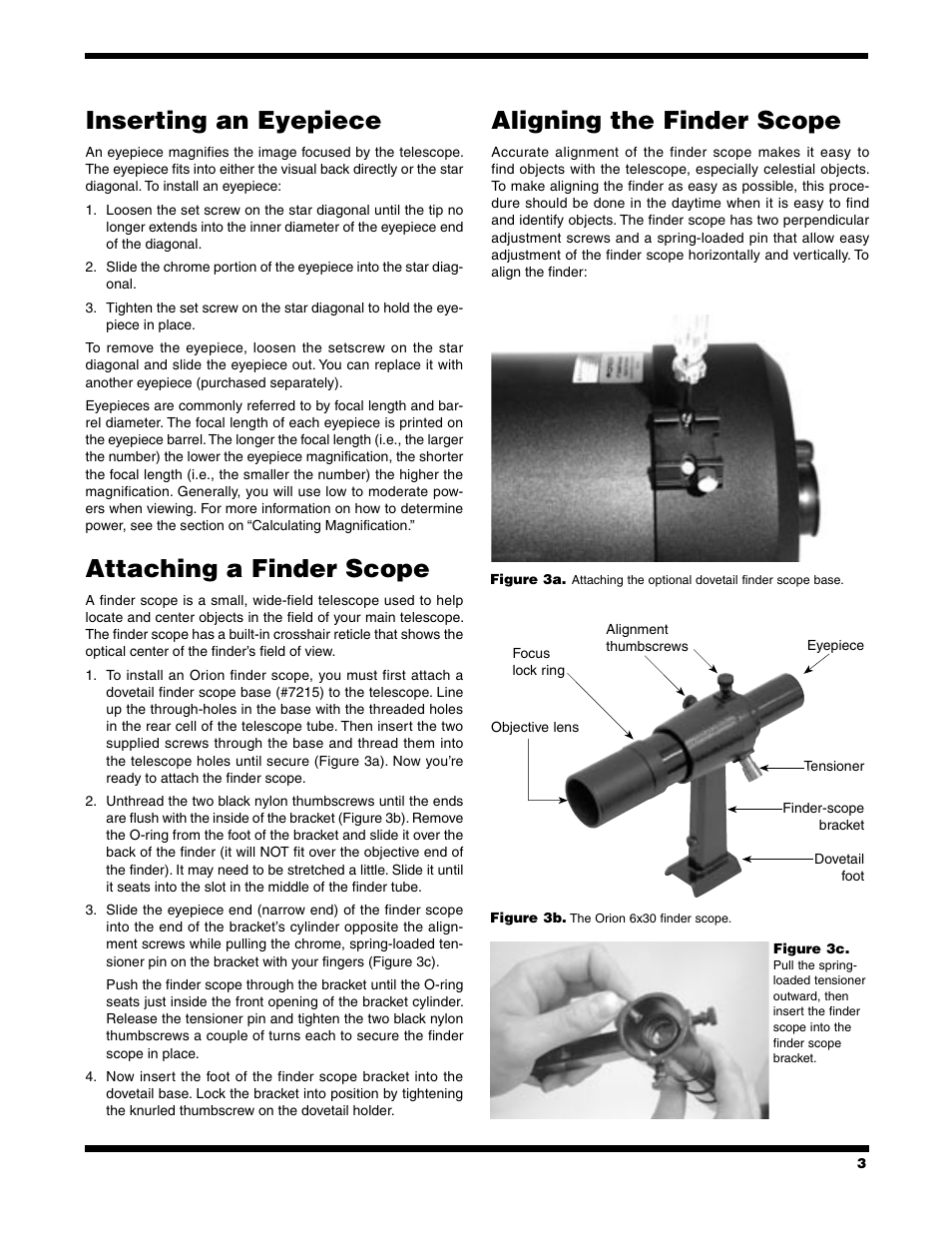 Inserting an eyepiece, Attaching a finder scope, Aligning the finder scope | Orion Telescope User Manual | Page 3 / 8