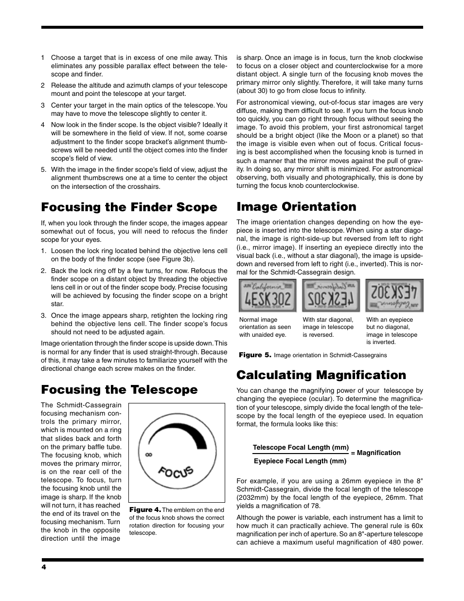 Focusing the finder scope, Focusing the telescope, Image orientation | Calculating magnification | Orion Telescope User Manual | Page 4 / 8