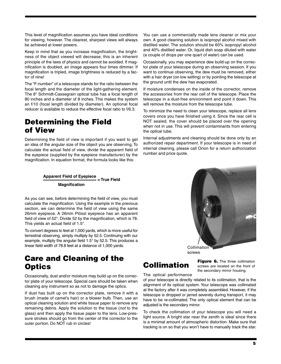 Determining the field of view, Care and cleaning of the optics, Collimation | Orion Telescope User Manual | Page 5 / 8