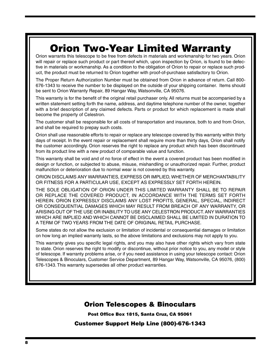Orion two-year limited warranty | Orion Telescope User Manual | Page 8 / 8