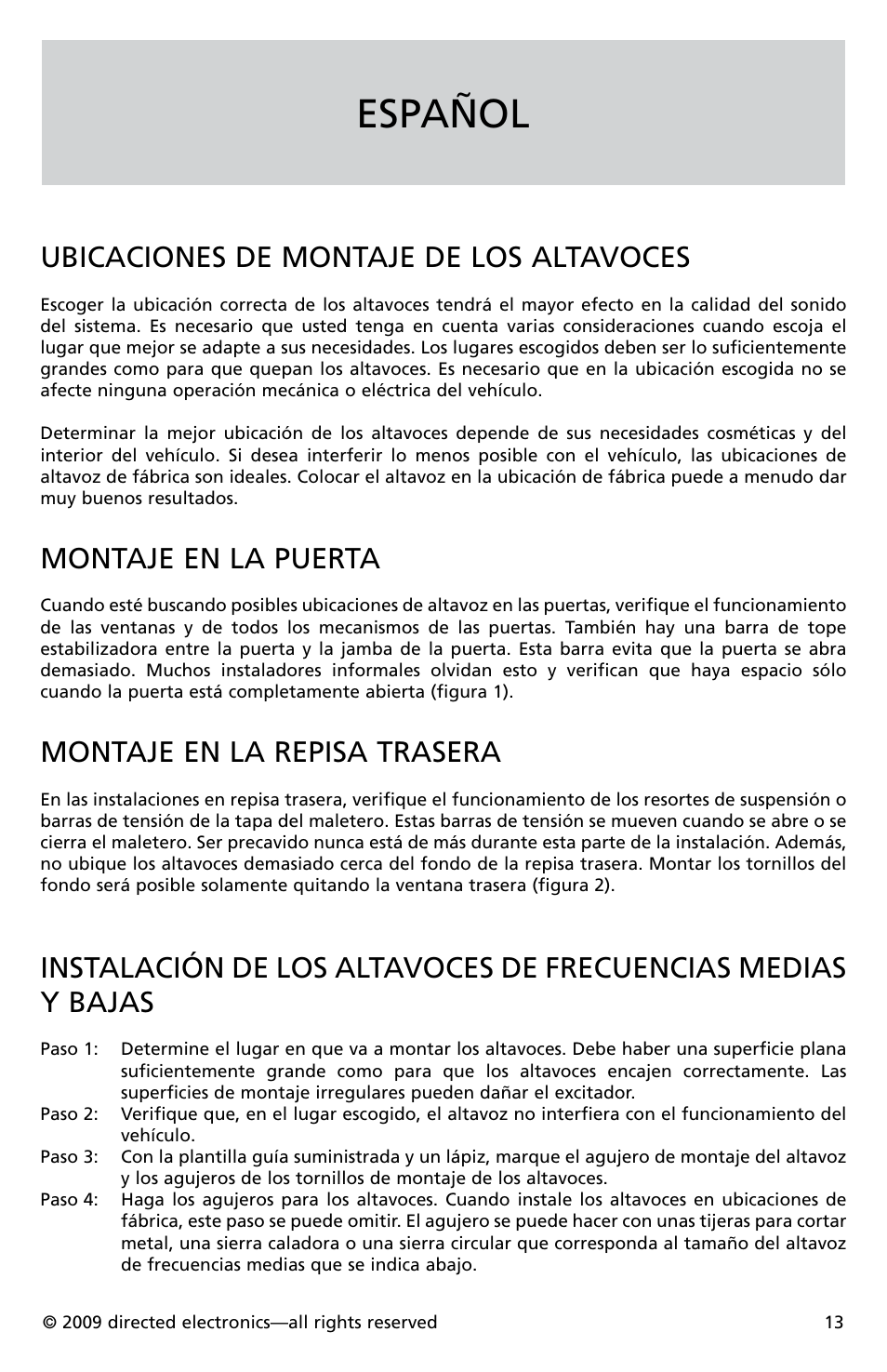 Español, Ubicaciones de montaje de los altavoces, Montaje en la puerta | Montaje en la repisa trasera | Orion Cobalt CO552 User Manual | Page 14 / 30