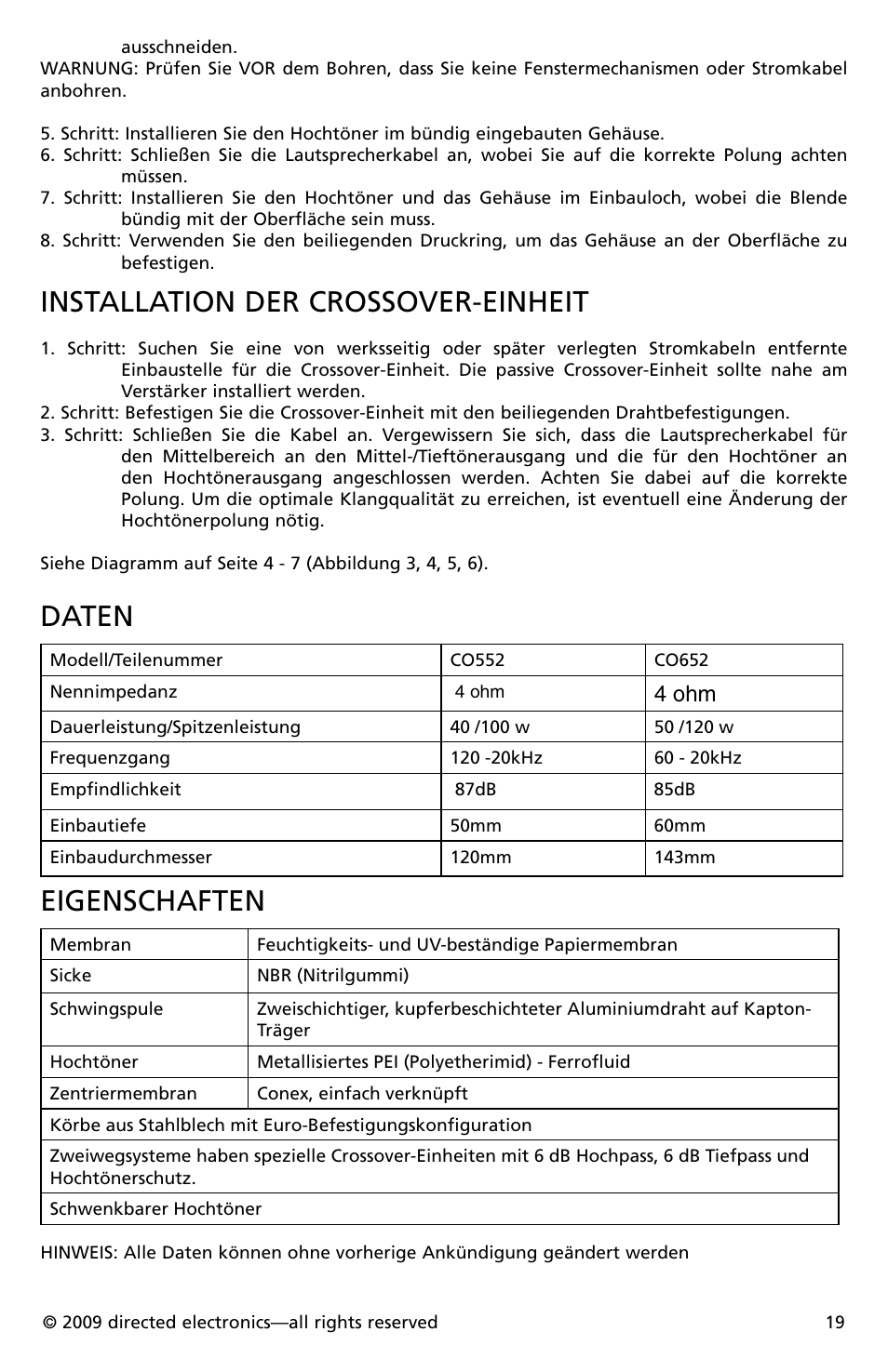 Installation der crossover-einheit, Daten, Eigenschaften | 4 ohm | Orion Cobalt CO552 User Manual | Page 20 / 30