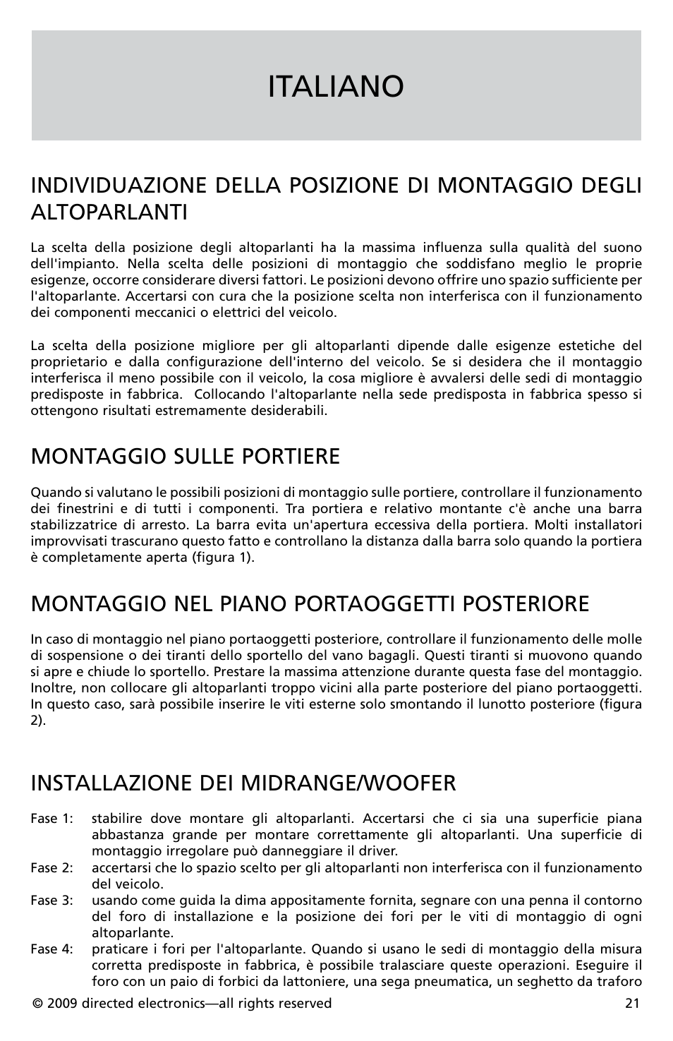 Italiano, Montaggio sulle portiere, Montaggio nel piano portaoggetti posteriore | Installazione dei midrange/woofer | Orion Cobalt CO552 User Manual | Page 22 / 30