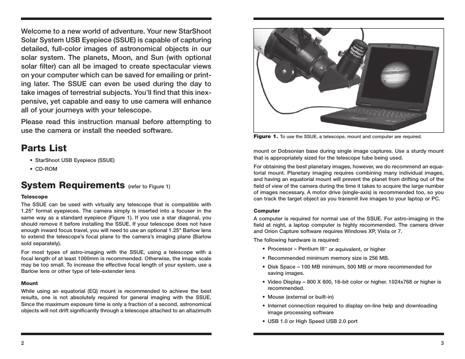 Parts list, System requirements | Orion STARSHOOT 52173 User Manual | Page 2 / 8
